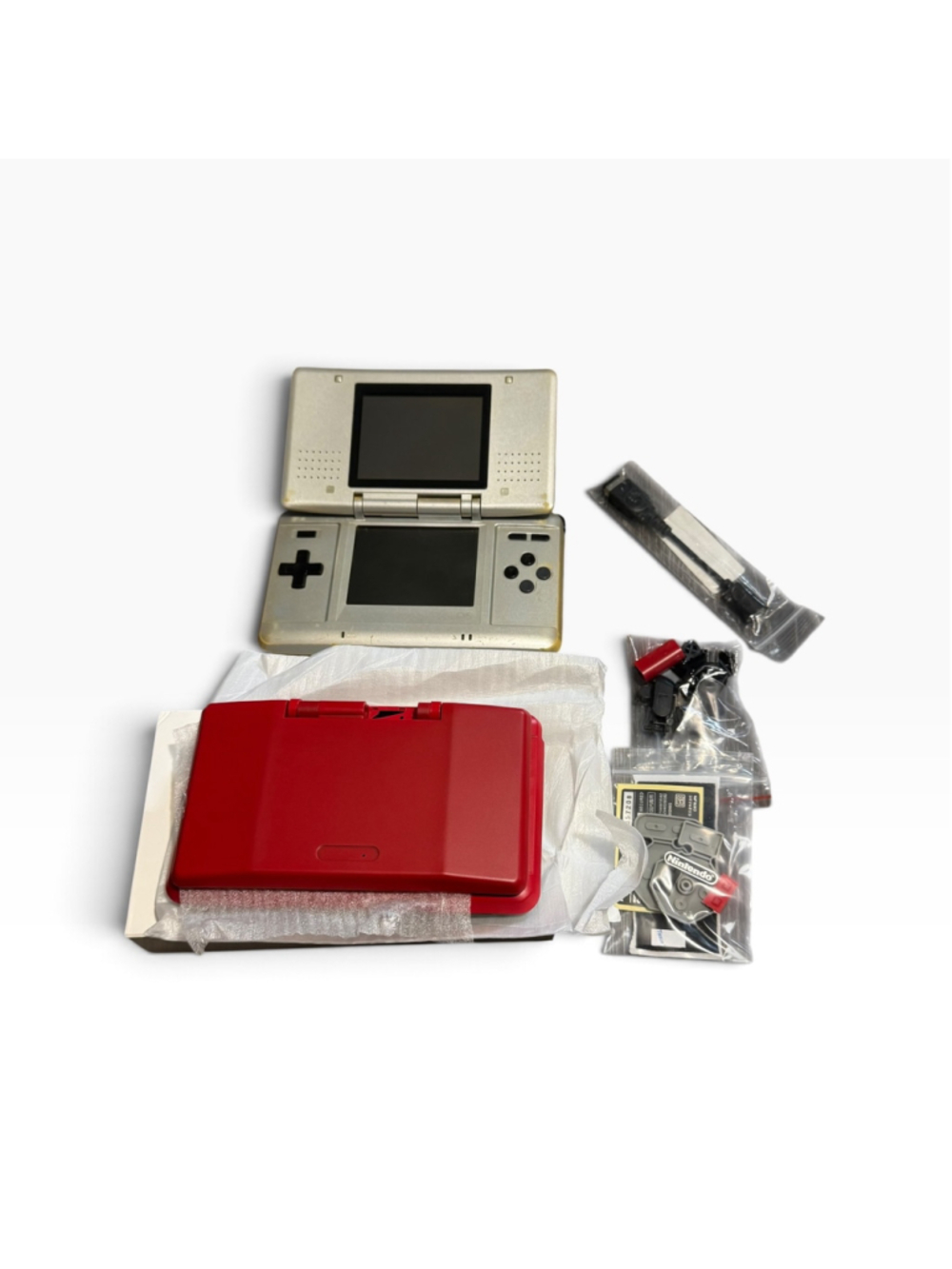 Nintendo DS Handheld Console Silver Bundle With Red Reshell Diy Kit and Charger